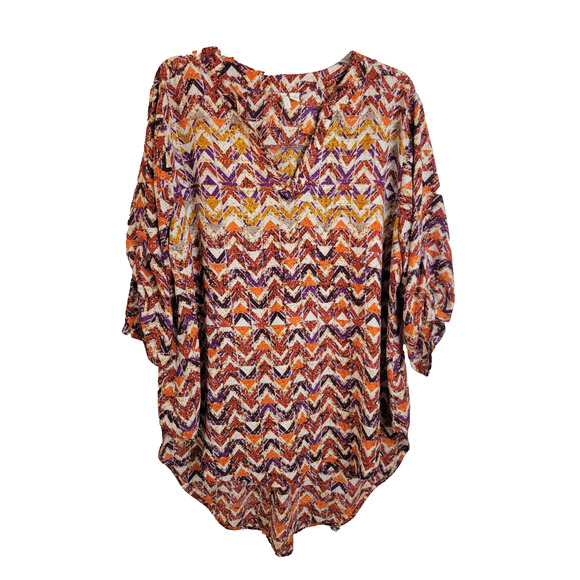 Vtg Cato Orange Purple Geometric V-Neck Long Tail Hilo Top Womens Plus Sz 18/20W - Picture 2 of 11